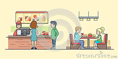 Linear Flat Couple eating burgers clients order Vector Illustration