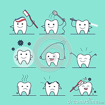 Linear Flat Dental health care tooth flossing cari Vector Illustration