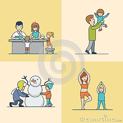 Linear Flat Family cook snowman gym exercises Vector Illustration