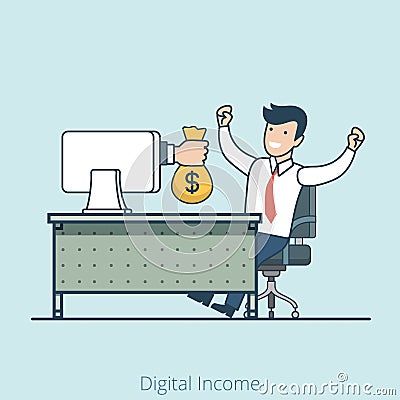 Linear Flat Hand monitor gives money bag man Vector Illustration