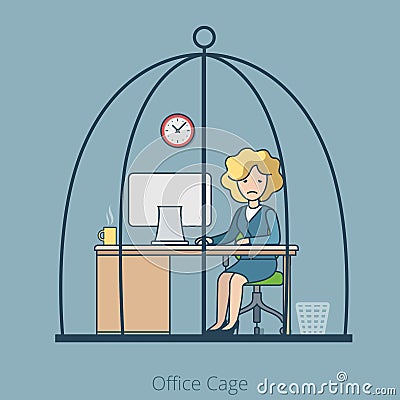 Linear Flat Hard work Business woman sit Cage Vector Illustration