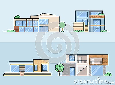 Linear Flat House model front side view vector set Vector Illustration