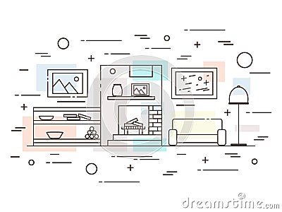 Linear flat interior design illustration of modern designer living apartment Vector Illustration