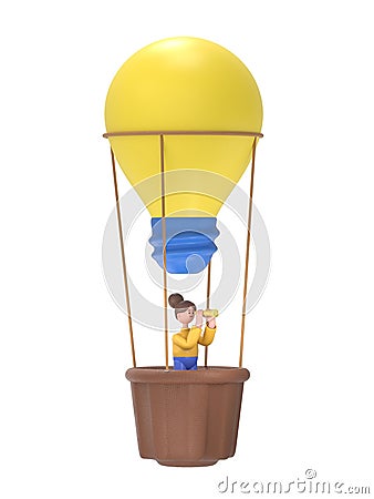 Linear flat line art style idea driven business future forecast concept. 3D illustration of woman flying balloon lamp. Cartoon Illustration