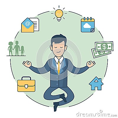 Linear Flat man levitate Zen house family money Vector Illustration