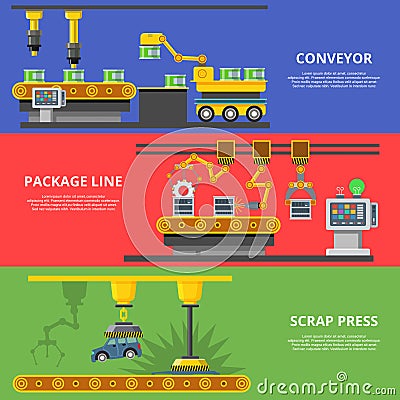 Linear Flat manufacture conveyor package line Vector Illustration