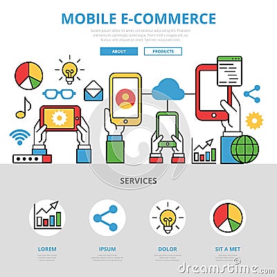 Linear flat Mobile e-commerce infographics templat Cartoon Illustration