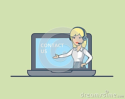 Linear Flat Online Information Woman headset call Vector Illustration