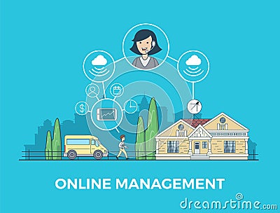 Linear flat online management Smart home app infog Cartoon Illustration