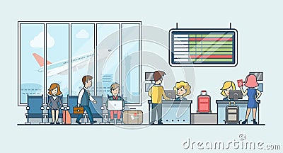 Linear Flat people on airport waiting hall vector Vector Illustration