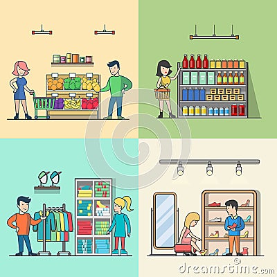 Linear Flat People supermarket grocery shop Vector Illustration