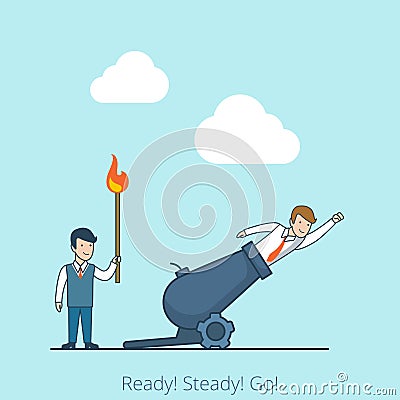 Linear Flat Ready Steady Go man burning match fly Vector Illustration