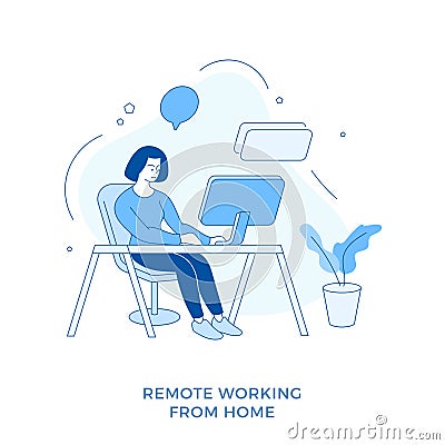 Linear flat Remote working from home. Female cartoon character sitting at desktop and working remotely online Vector Illustration