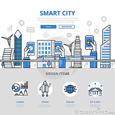 Linear flat Smart city app infographic Mobi Cartoon Illustration