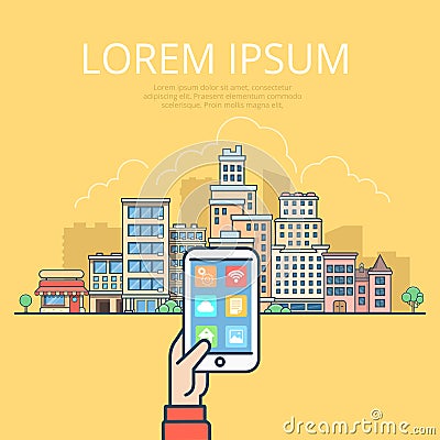 Linear Flat tablet smartphone Urban landscape vect Vector Illustration