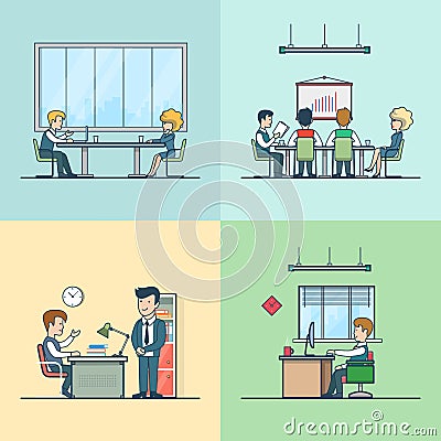 Linear Flat Team boss man woman at working place Vector Illustration