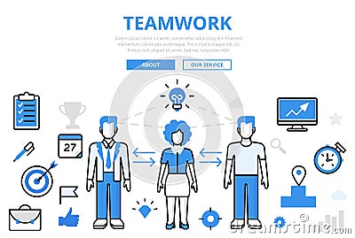 Linear flat TEAMWORK infographics template . Cartoon Illustration