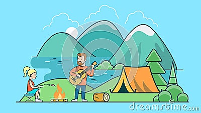 Linear Flat Tent beach lake mountain countr Cartoon Illustration