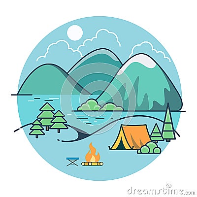 Linear Flat Tent beach lake mountain vector Vector Illustration