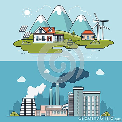 Linear Flat town compared to heavy industry vector Vector Illustration