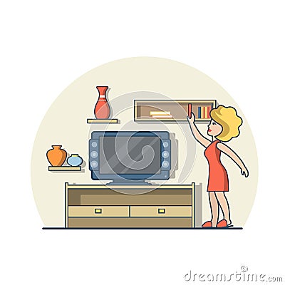 Linear Flat woman living room near TV set bookshelf Vector Illustration