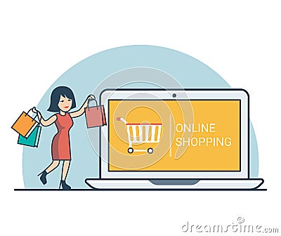 Linear Flat woman purchase bags laptop vector Vector Illustration