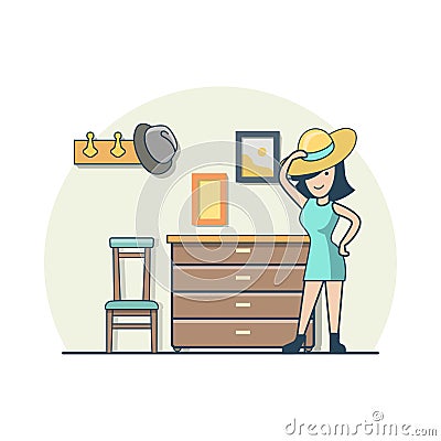 Linear Flat woman try on hat in hallway vector. Vector Illustration