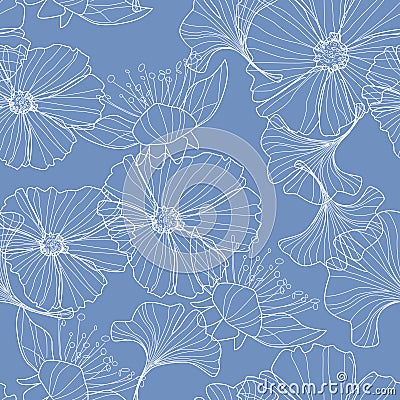 Linear floral background, flowers pattern. Vector Illustration