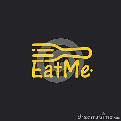 Linear fork with Eat Me text, line art icon on black background. Yellow cutlery, awesome vector logo concept. Flatware Stock Photo