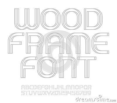 Linear frame letters and numbers set. Wood textured lines style vector latin alphabet. Outline Font for events Vector Illustration