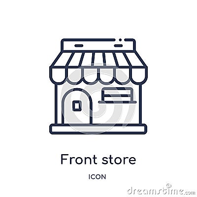 Linear front store with awning icon from Commerce outline collection. Thin line front store with awning icon isolated on white Vector Illustration
