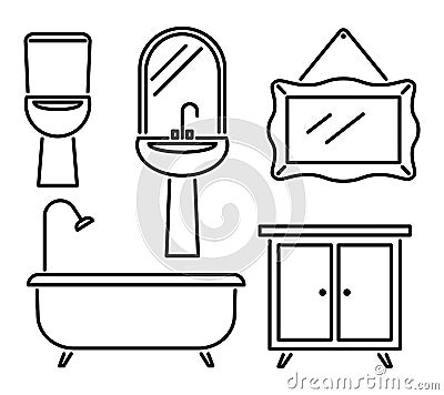 Linear furniture. Bathroom interior design icons. Isolated sink, bath with shower and toilet, mirror and wardrobe Vector Illustration