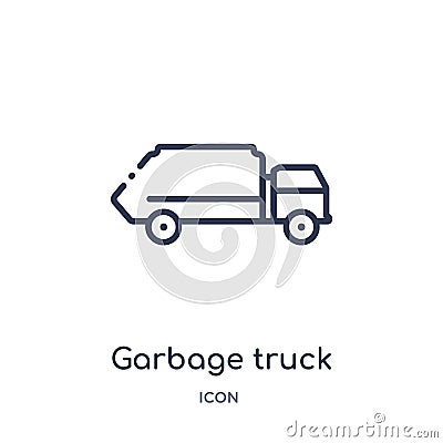 Linear garbage truck icon from Cleaning outline collection. Thin line garbage truck vector isolated on white background. garbage Vector Illustration