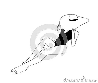 Linear girl is sunbathing in Panama hat. Attractive woman in black swimsuit. On line continuous. Vector outline Vector Illustration