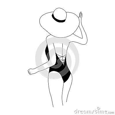 Linear girl is sunbathing in Panama hat. Attractive woman in black swimsuit. On line continuous. Vector outline Vector Illustration