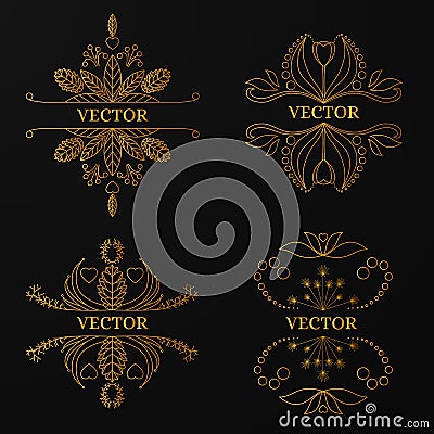 Linear gold frame on black background. Luxury ornamental Vector Illustration