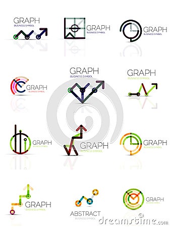 Linear graph and chart abstract logo set, connected multicolored line segments Vector Illustration