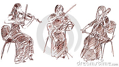 Linear graphic drawing string trio two violinists and cellist Stock Photo