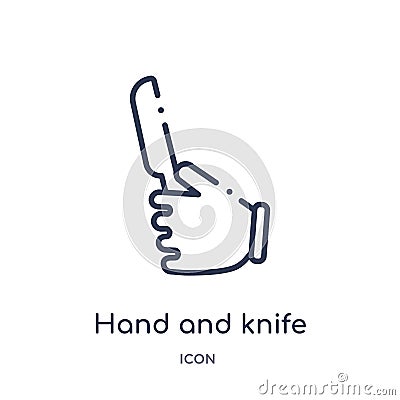 Linear hand and knife icon from Hands and guestures outline collection. Thin line hand and knife icon isolated on white background Vector Illustration