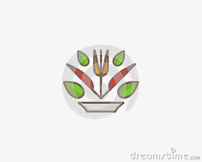 Linear healthy food vector logo design. Fork knife plate leaf logotype. Vector Illustration