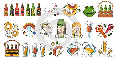 Linear icon collection for oktoberfest celebration. Beer festival symbols, sych as mugs, bottles, pretzel, sausage. Cartoon Illustration