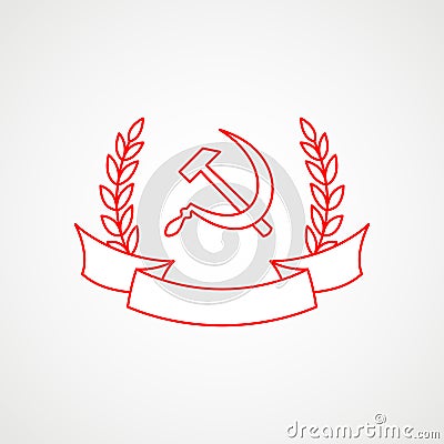 Linear icon of communism. Hammer, sickle and wreath with band. Red Soviet emblem. Minimalist coat of arms of the USSR Vector Illustration