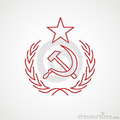 Linear icon of communism. Hammer, sickle and wreath with a star. Red Soviet emblem. Minimalist coat of arms of the USSR Vector Illustration