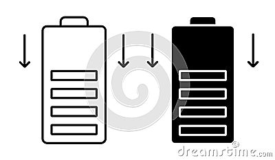 Linear icon. Dropping battery power. Energy storage in energy efficient recyclable battery. Simple black and white vector on white Vector Illustration