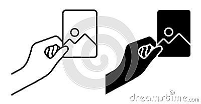 Linear icon. Hand holds paper photograph. Memories of vacation or trip to nature. Printing photos. Simple black and white vector Vector Illustration