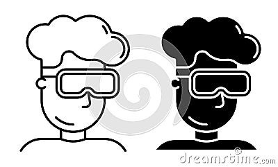 Linear icon, teenager boy in 3D gaming glasses. Virtual reality glasses. Simple black and white vector isolated on white Vector Illustration