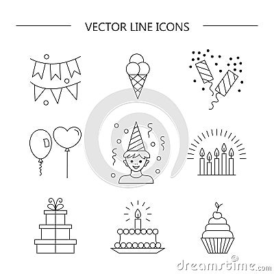 Linear icons birthday. Vector Illustration