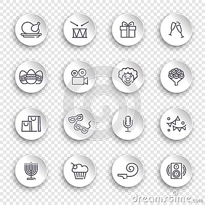 Linear icons of event and holidays on white stickers with transparent shadows Vector Illustration