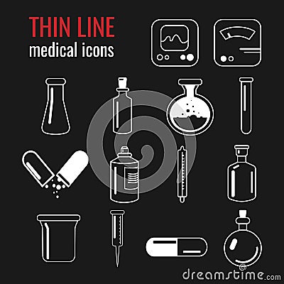 Linear icons. Medical items. Flasks, jars, bottles Stock Photo