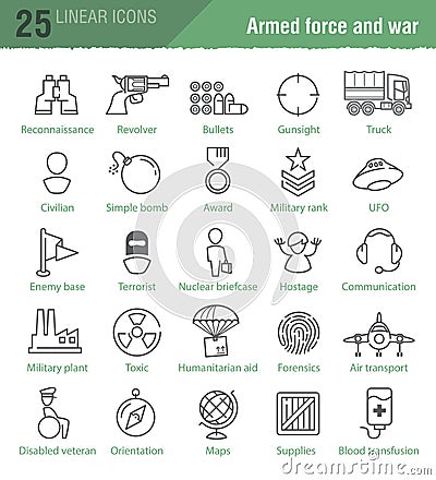 Linear icons for military infographics Vector Illustration